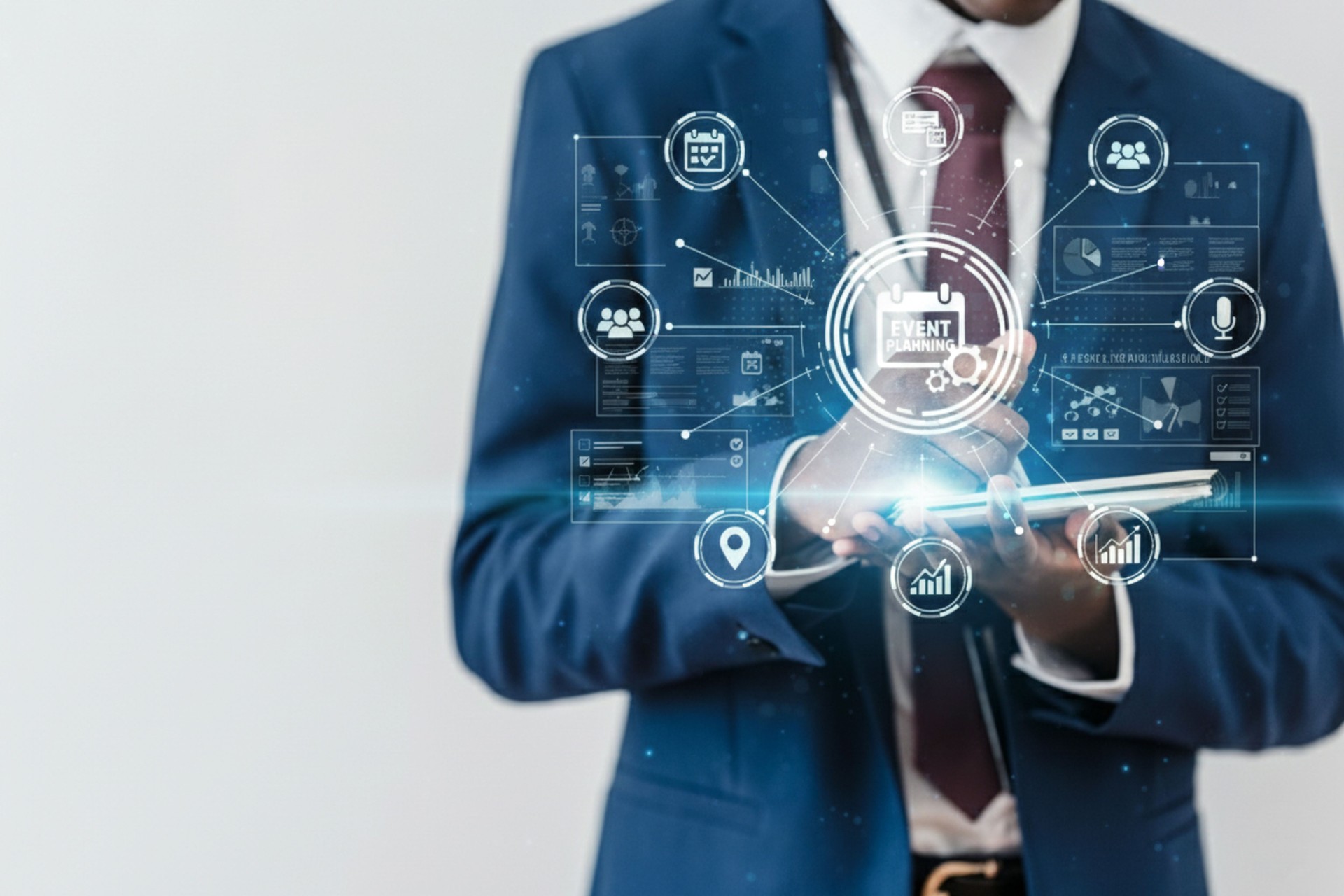 Title: Professional Planning Event with Digital Tablet and Management Interface